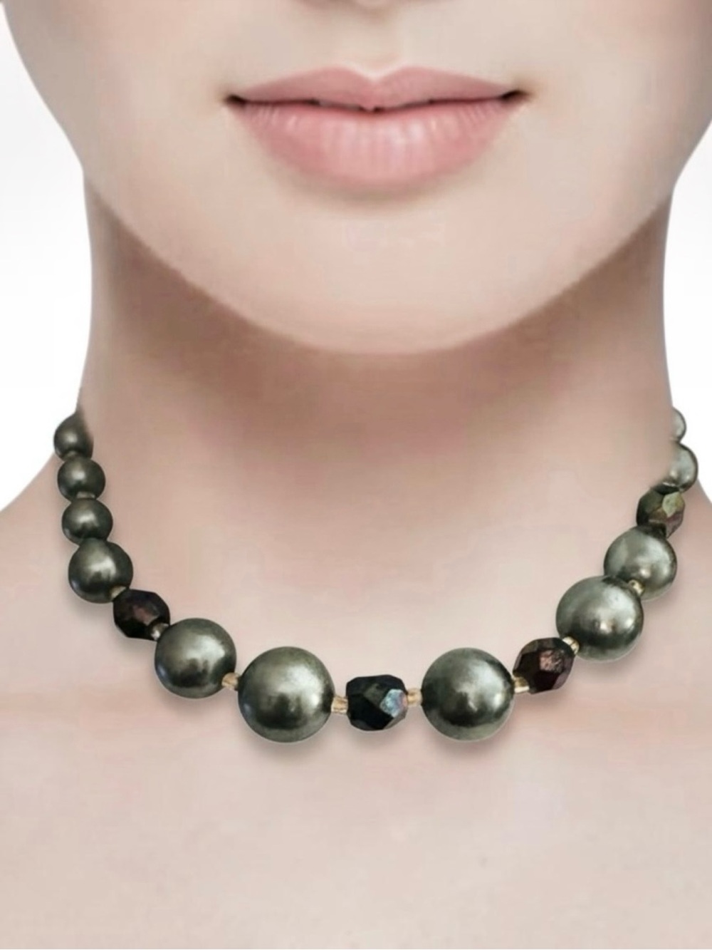 Vintage | Antique Petite Blue-Green Faux Pearl Necklace Purple Facet Stones